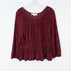 LOFT Velvet Burnout Peplum Top Large Floral Velour Burgundy Whimsigoth Romantic